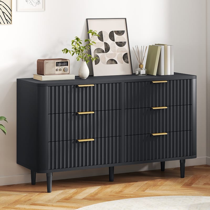 Moasis 6 Drawer Dresser Wood Storage Dresser Organizer with Waveform Fluted Panel - Black