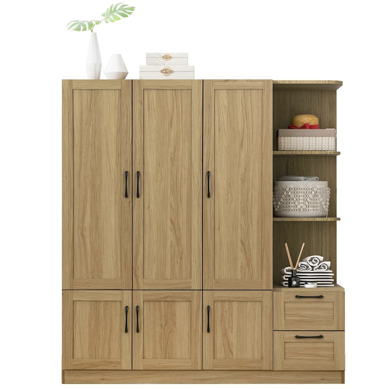 3 Doors Armoire Wardrobe Closet with 3 Side Shelves 2 Drawers, Wooden Bedroom Armoires with Hanging Rod for Bedroom
