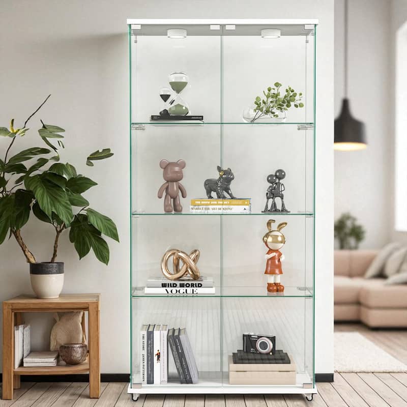 Modern 2-Door Glass Display Cabinet with LED Lights, 4-Shelf Tempered Glass Showcase for Collectibles and Storage - White