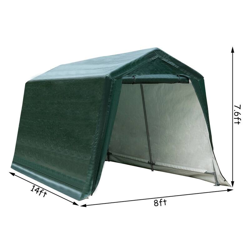 8x14ft Green Carport Tent with Sturdy Steel Frame and Waterproof PE Cover Ventilated Zipper Door - 8' x 14' x 7.6' (L x W x H)