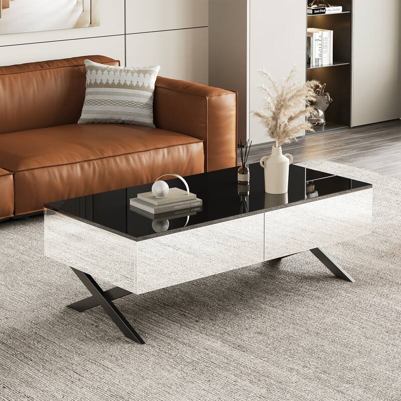 Mirror Coffee Table with Metal Base for Living Room Large Center Table with 2 Drawers, High Gloss Top Table for Reception Room - Black