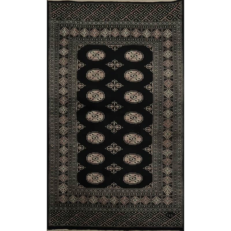 Hand Knotted Oriental 100% Wool Carpet Traditional Geometric Black Bokhara Area Rug - 6' 6'' X 4' 2''