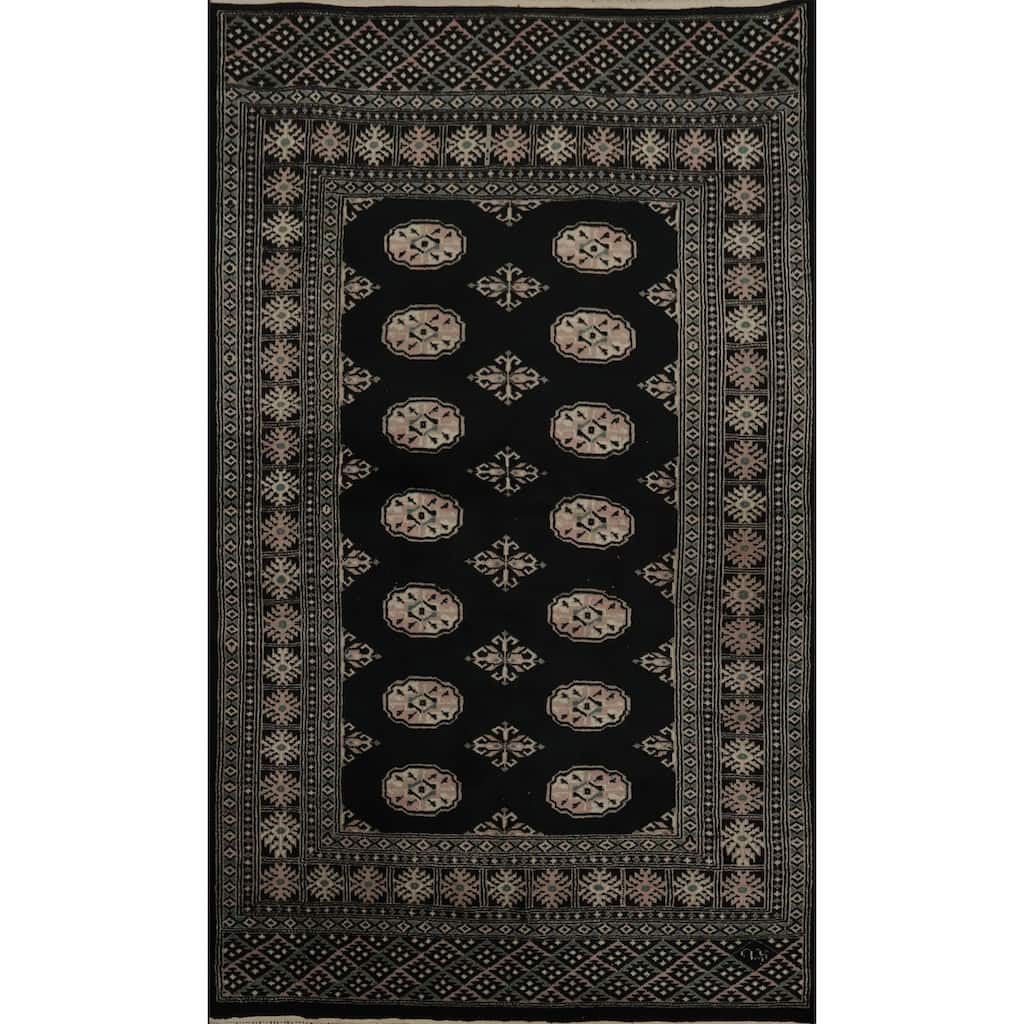 Hand Knotted Oriental 100% Wool Carpet Traditional Geometric Black Bokhara Area Rug - 6' 6'' X 4' 2''