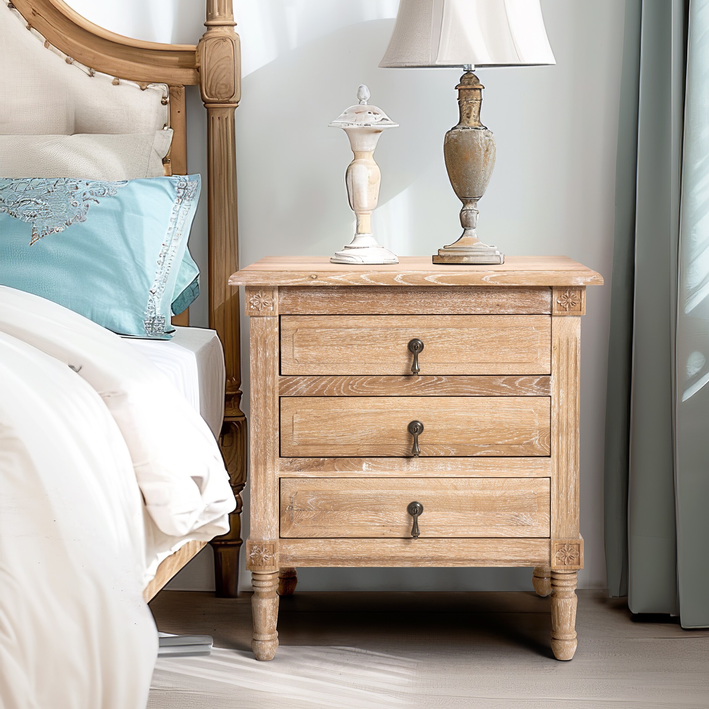 Accent Table Solid Wood Bedside Table Cabinet 3-drawer Oak Nightstand