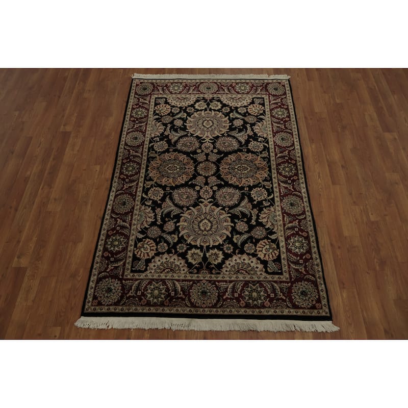 Hand Knotted Oriental 100% Wool Carpet Traditional Floral Black Agra Area Rug - 6' 1'' X 3' 10''