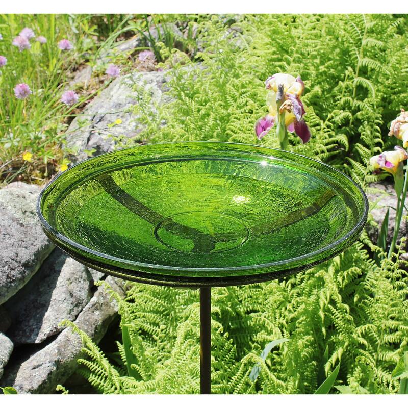 Achla Designs 39" H Round Fern Green Crackle Glass Birdbath Bowl w/Roman Bronze Wrought Iron Stake