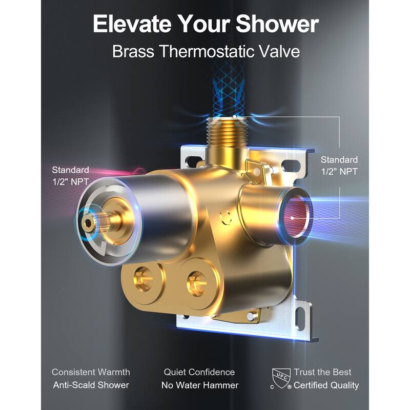 GRANDJOY Shower Faucet System 12" Wall Mount Rainfall Shower Head Body Jets Handheld Spray with Hose Thermostatic