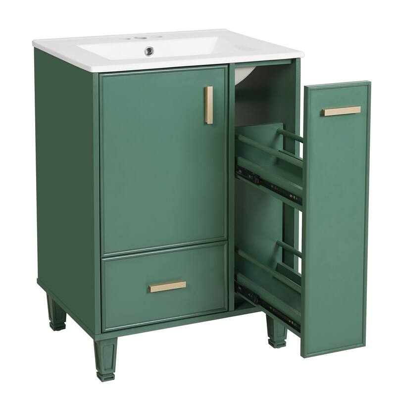 Bathroom Vanity with Ceramic Sink, Freestanding Bathroom Cabinets with Door Shelf, Deep Drawer & 2-Tier Pull-Out Baskets