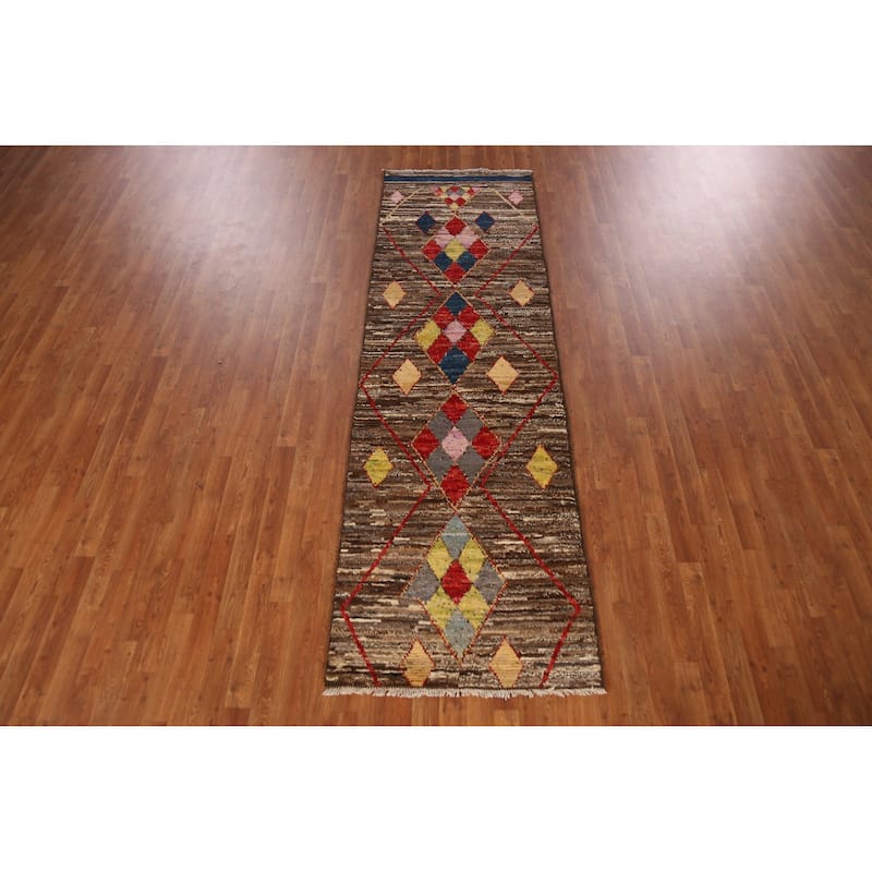 Brown Geometric Moroccan Oriental Runner Rug Handmade Wool Carpet - 2'11" x 9'8"