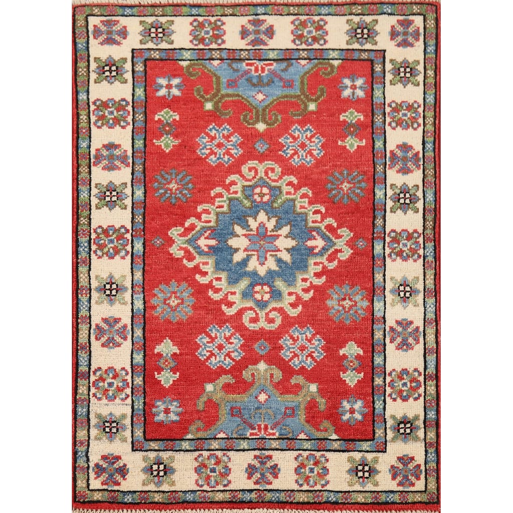 Red Geometric Kazak Oriental Foyer Rug Hand-Knotted Wool Carpet - 1'11" x 3'1"
