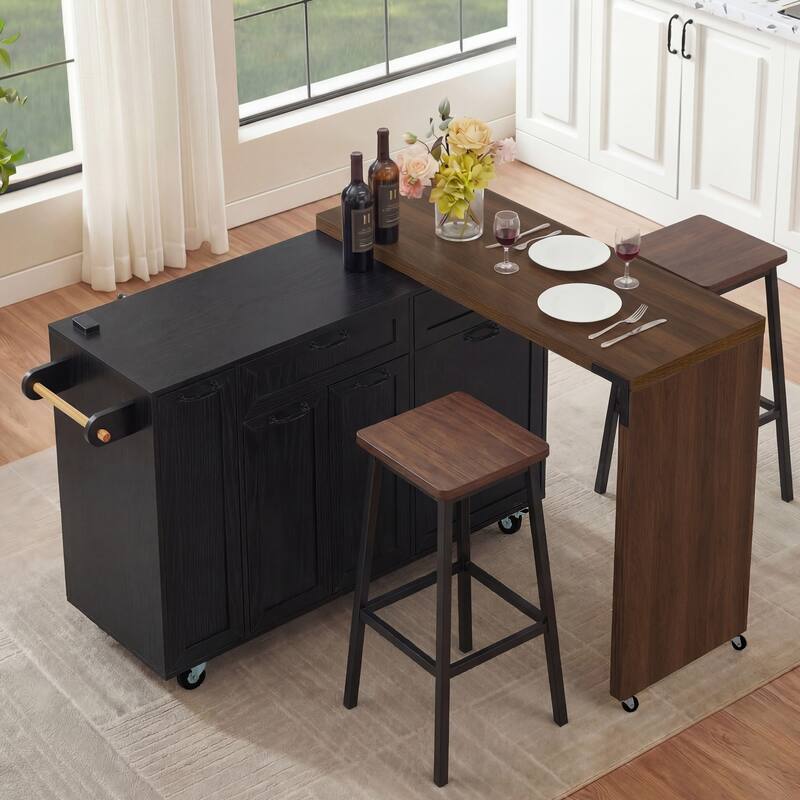 102.3" Kitchen Island with Extendable Table, Kitchen Rolling Island Cart with Trash Storage Cabinet, 3-Tier Pull-Out Spice Rack