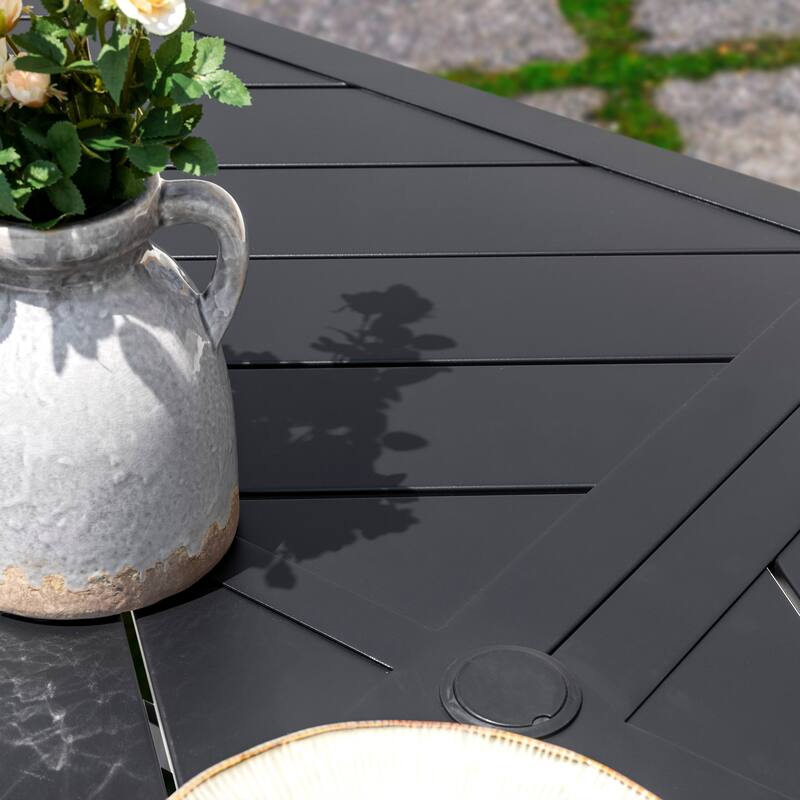 Outdoor Rectangle Iron Dining Table, Splice Tabletop with Umbrella Hole
