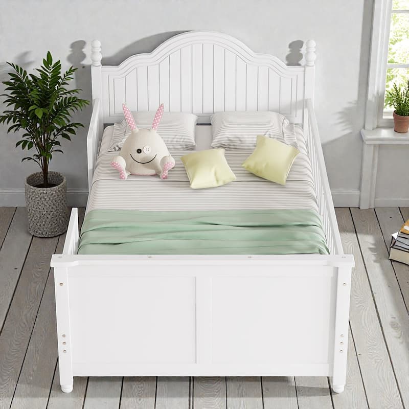 Kids Wooden Platform Bed with Safety Guardrails, Low Profile Bed with Headboard and Footboard