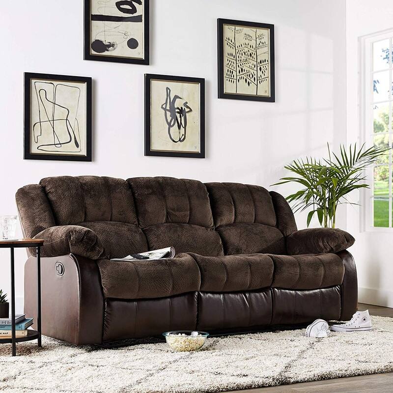 NHI 3 Pieces Fabric & PU Leather Recliner Sofa Set , Chocolate,Beigh,Grey - 121*113*38