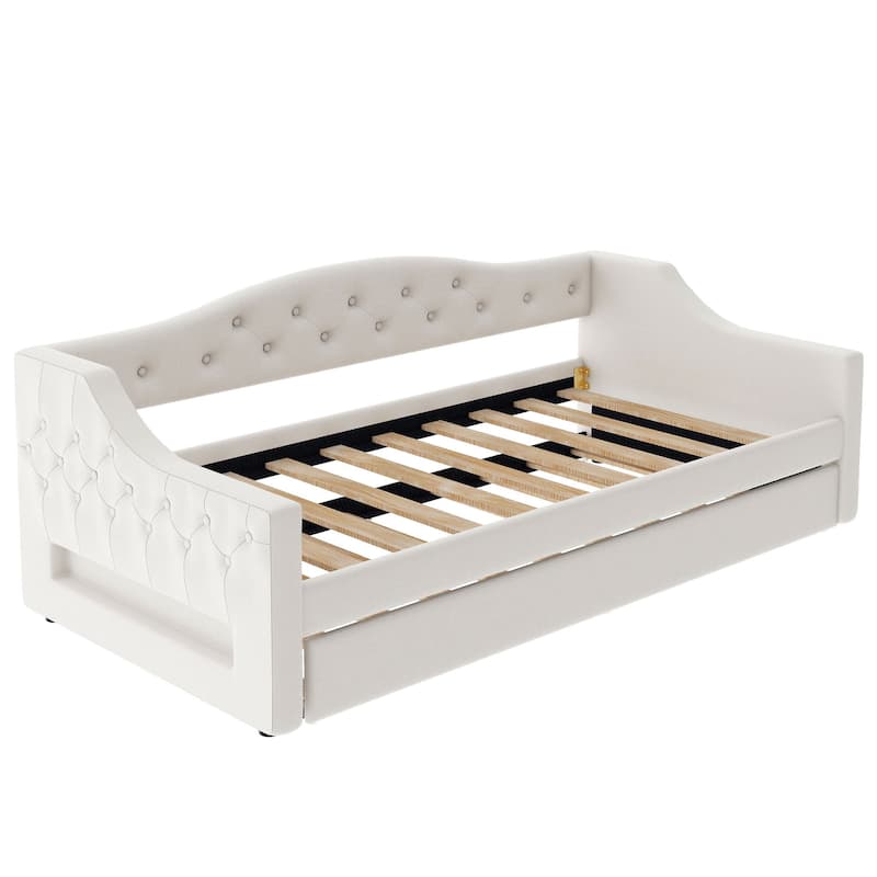 Twin XL Size Linen Daybed with LED Lighting and Hidden Trundle and Upholstered Storage Bed (250lbs Capacity)