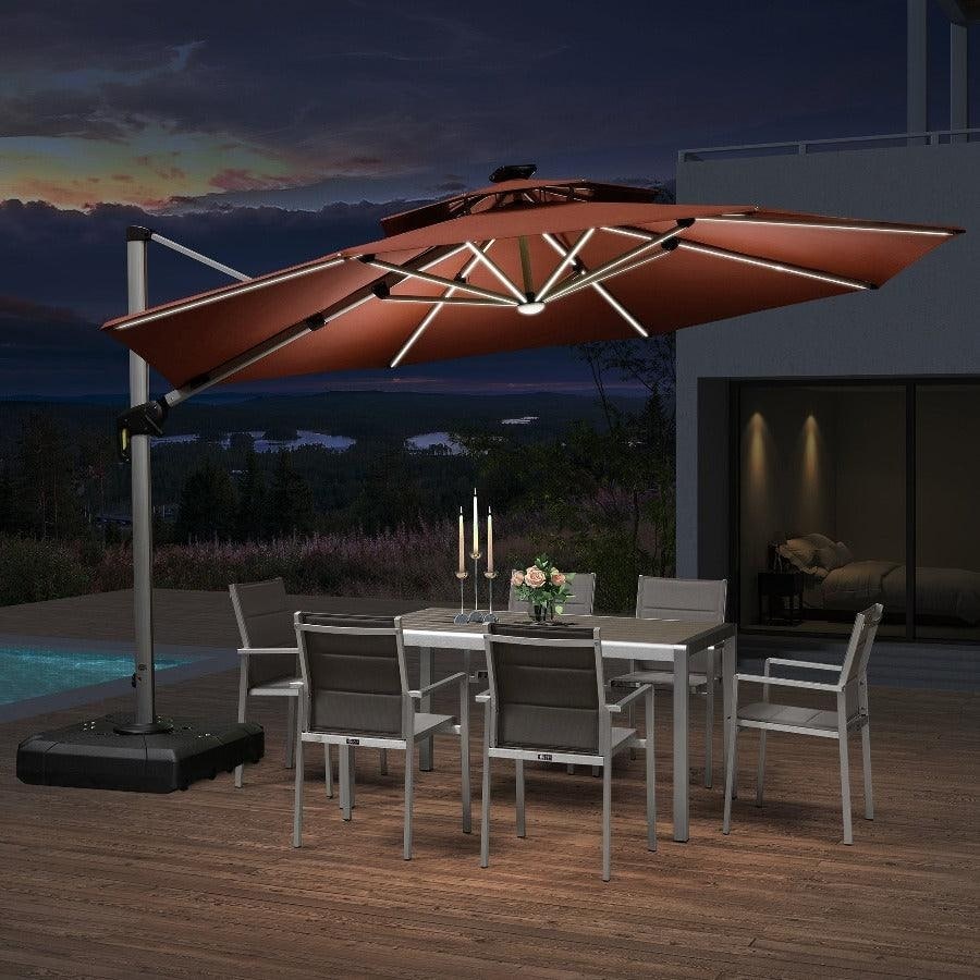 12 ft patio umbrella with led lights 11x9 Aluminum Dual Top Cantilever The 12 x 9 ft rectangular canopy fits standard rectangular dining tables wikiwiki 12FT 2 Tiers Cantilever