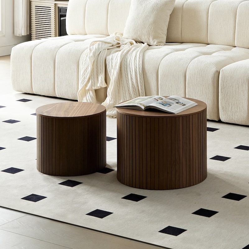 Set of 2 Round Nesting Tables, Vertical Stripe Coffee Table Sets with Hidden Storage and Disassembled Tabletop
