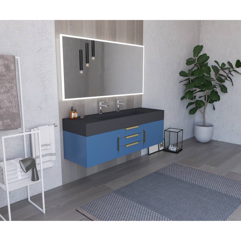 Nile 60" Wall Mounted Bathroom Vanity Set w/ Black Top