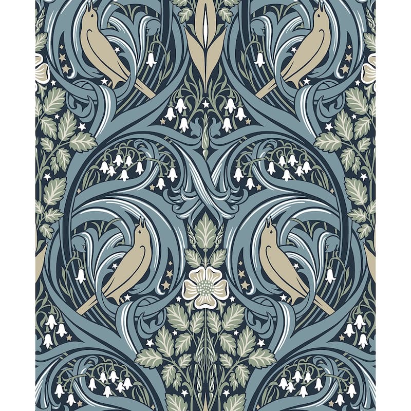 Seabrook Designs Bird Scroll Nonwoven Unpasted Wallpaper - 20.9 in. W x 33 ft. L - Navy & Beige