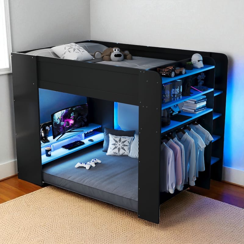 Full Size Wooden Bunk Bed with Adjustable Desk, Wardrobe Storage, USB & RGB Gaming Lights