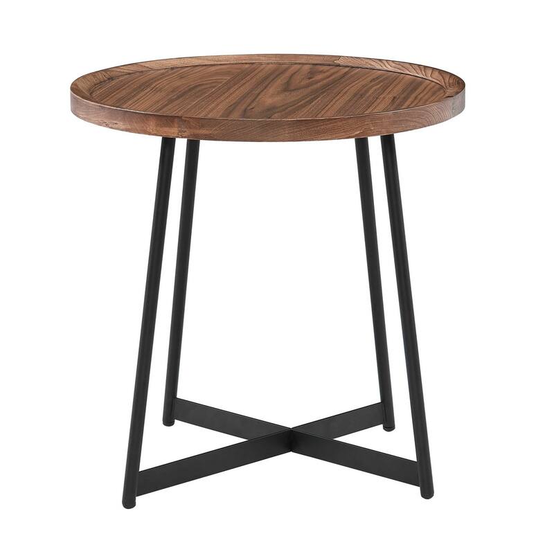 22” Round Walnut Side Table Contemporary Wood Top with Black Steel Cross Base for Living Room - 21.66"L x 21.66"W x 22.05"H