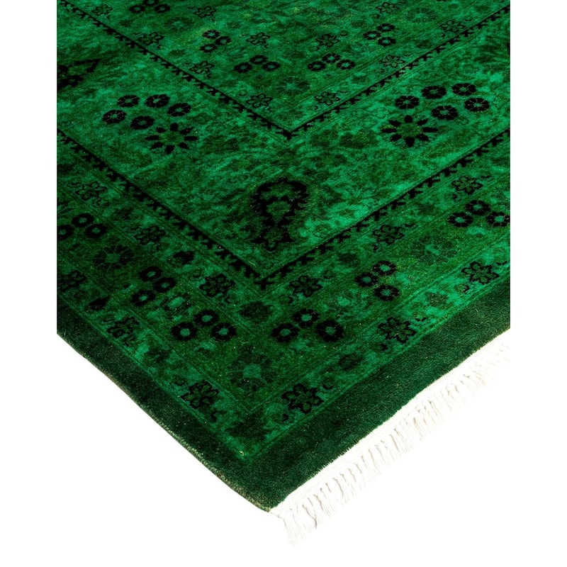 Overton Hand Knotted Wool Vintage Inspired Modern Contemporary Overdyed Green Area Rug - 9' 1" x 18' 1"