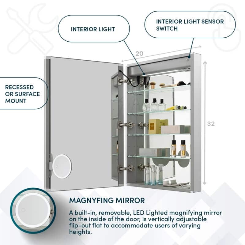 AQUADOM Edge Royale Bathroom Led Lighted Medicine Cabinet Defogger, 3X LED Adjustable Magnifying Mirror, Electrical Outlets.