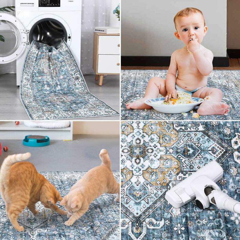 Washable Rug Vintage Medallion Area Rugs for Living Room Bedroom, Non-Skid Low Pile Floral Rug Soft Foldable Rug