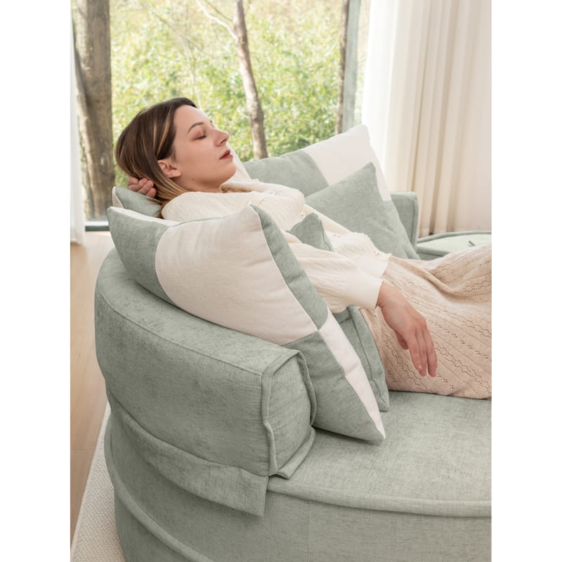 Chenille Oversized Round Barrel Chair with Ottoman, 5 Pillows, and No-Sag Rebound Sponge