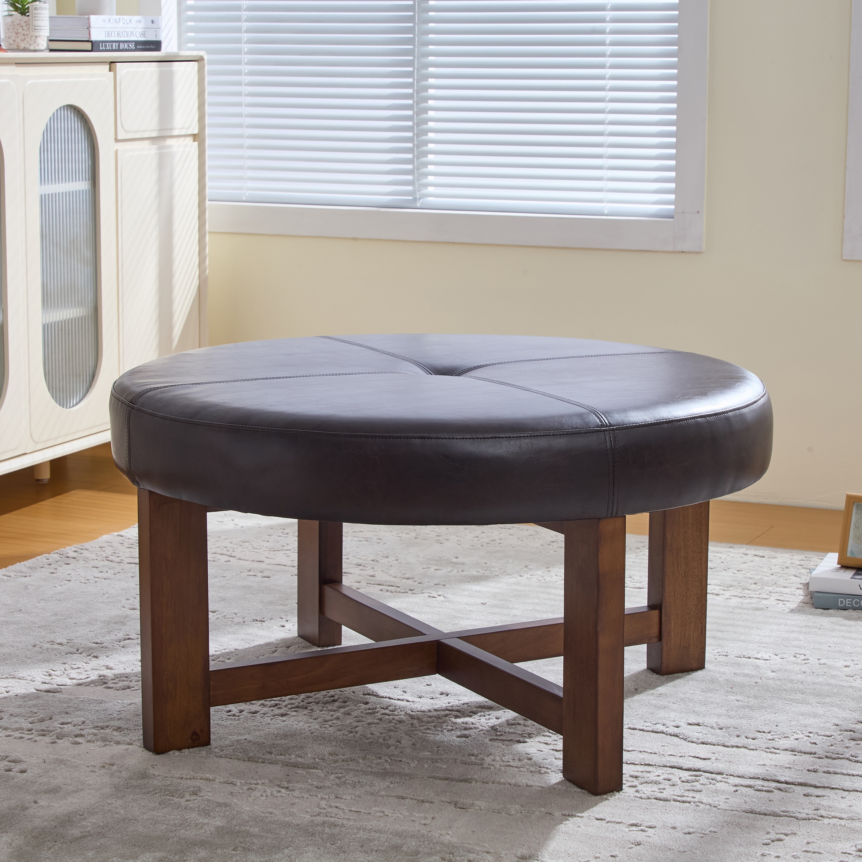 Christopher Knight Home - Marlowe Modern Round Faux Leather Ottoman Coffee Table with Tufted Top and Wood Base