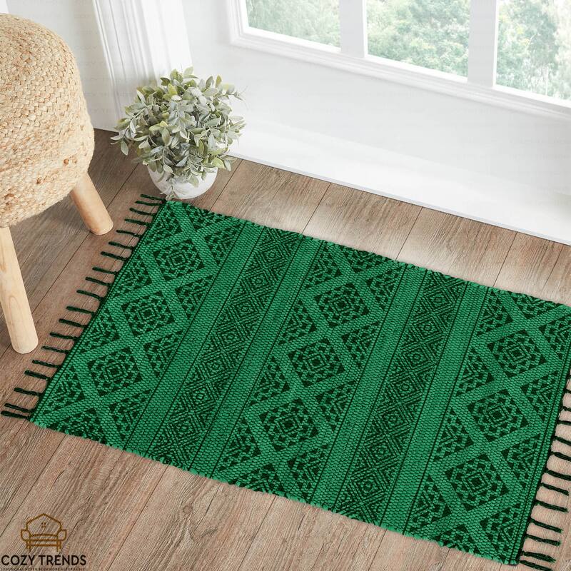 Authentic Hand-Woven Indian Cotton Rug 24''x36'' - Washable, Reversible, and Timelessly Stylish - 2'x3' - Ikat Green