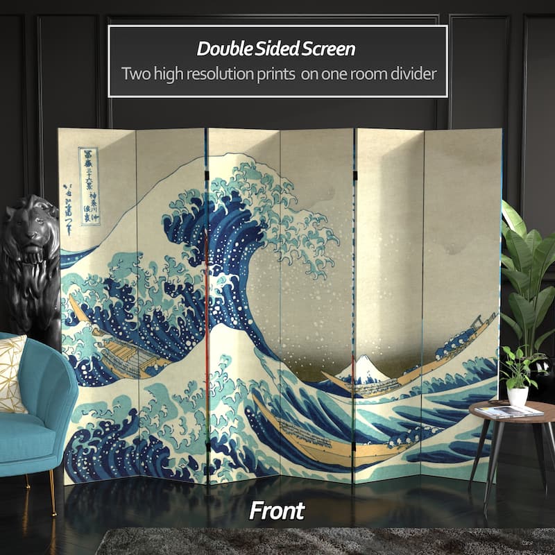 6-foot Tall Double-sided Great Wave and Red Fuji Hokusai Room Divider