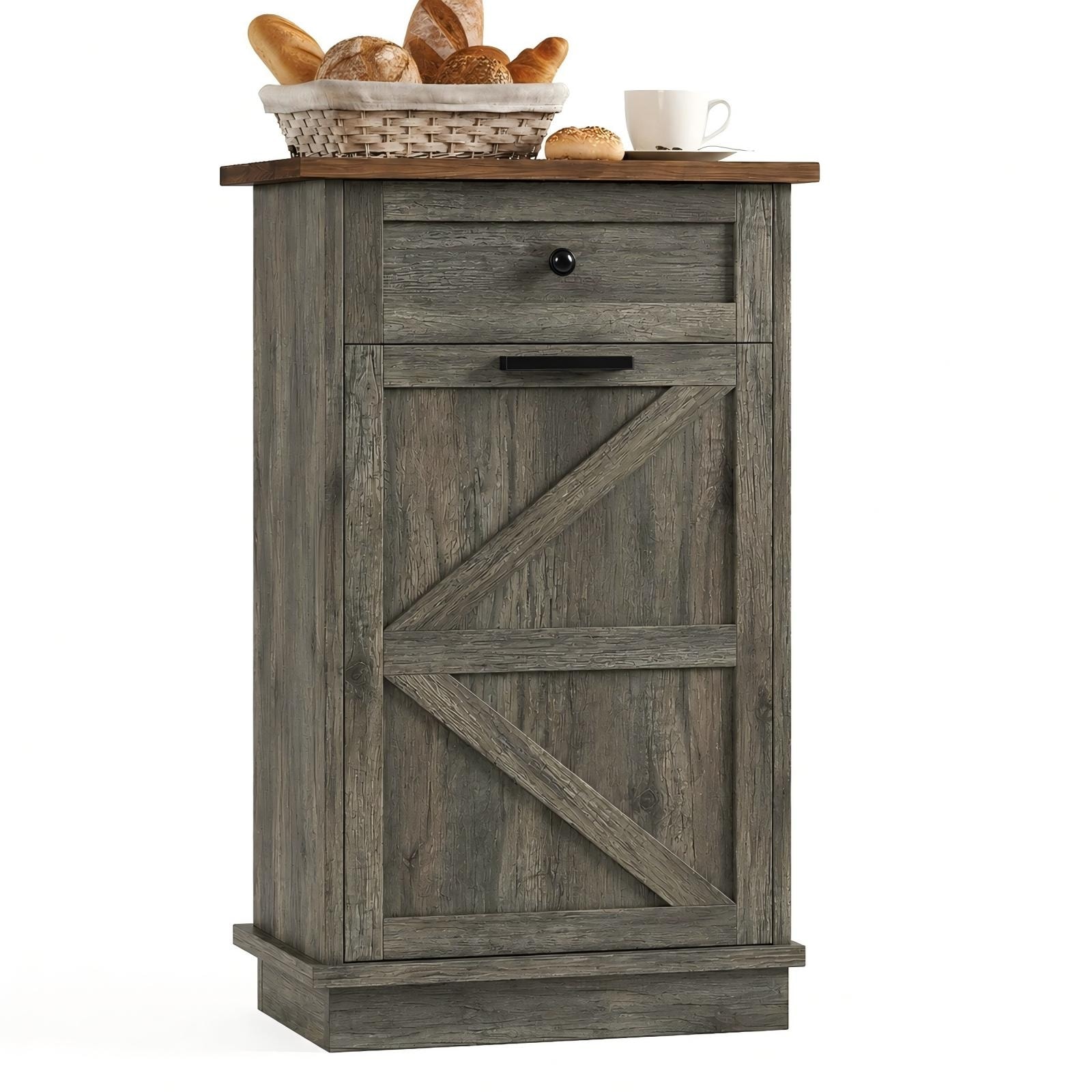 Tilt Out Trash Can Cabinet, 10-Gallon Farmhouse Hidden Garbage Cabinet with Drawer, Dog Proof Wooden Trash Storage Cabinet