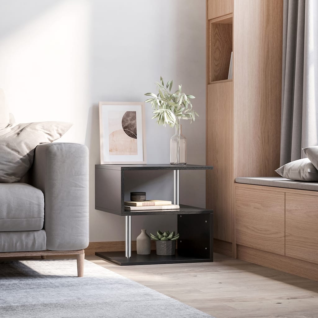 Modern S-Shaped Side Table with Storage Shelf and Steel Poles