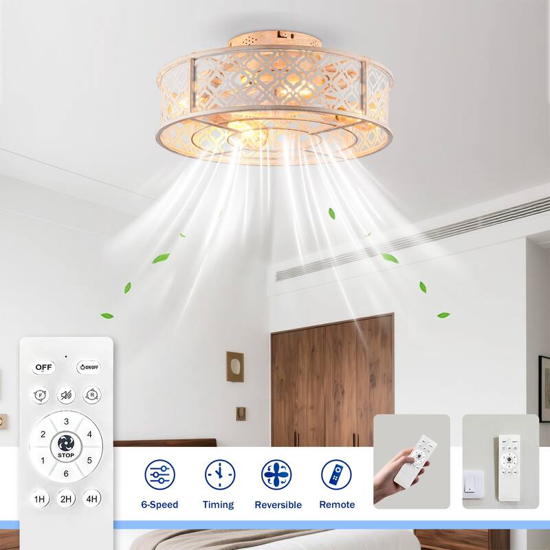 20 inch Flush Mount Ceiling Fan Light with Remote Caged Farmhouse Fandelier Black Wood Low Profile