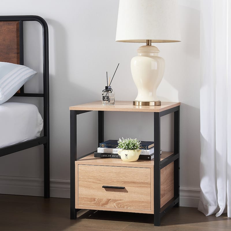 VECELO Modern 1- Drawer Nightstand with Storage Shelf Multifunctional Storage Nightstand for Living Room and Bedroom
