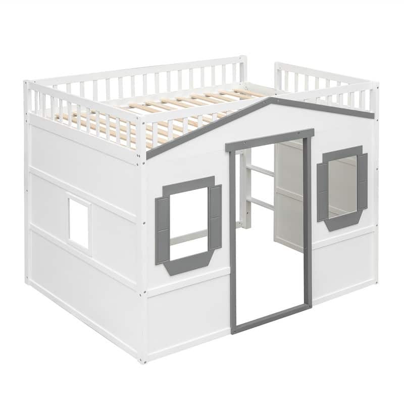 Solid Wood House Loft Bed with Window Design and Ladder, Twin/Full Size Playhouse Bed Loft Bed Frame with Guardrail for Kids