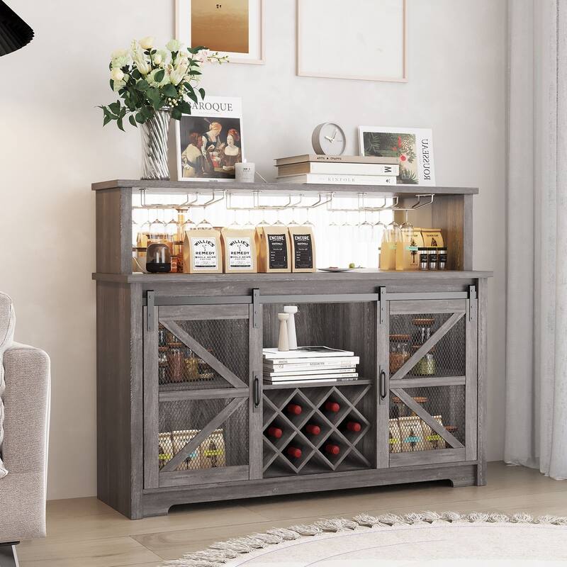 Gymojoy 16-Color LED Bar Cabinet with Wine Rack, White Kitchen Hutch for Coffee Bar & Dining Room, Farmhouse Storage Cabinet