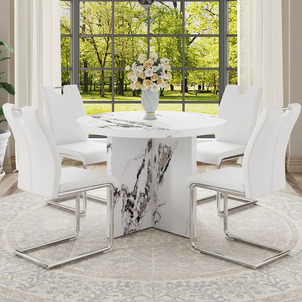 Round Dining Table for 4-6, 42 Inch Modern Kitchen Table Small Dinner Table MDF Kitchen Dinning Table for Cafe Restauran