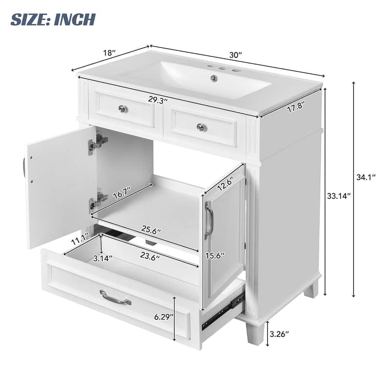 30'' Freestanding Bathroom Vanity with White Integrated Ceramic Sink - 29.37'' x 17.87'' x 33.14''