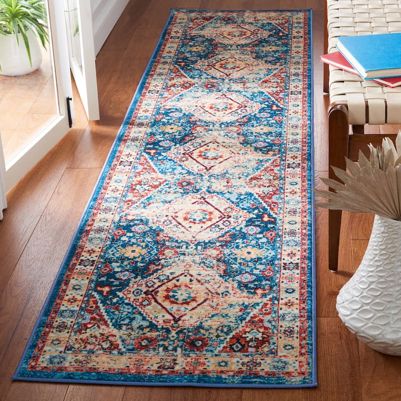 SAFAVIEH Riviera Machine Washable Slip Resistant Vertie Oriental Rug - 2'2" x 9' Runner - Blue/Gold