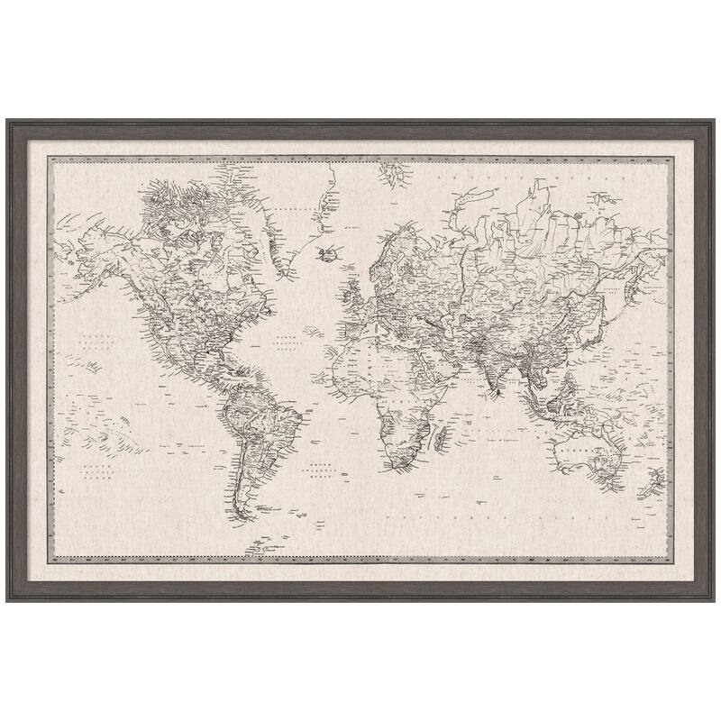 Kate and Laurel Framed Fabric Pinboard Vintage Black and White Linen World Map Wall Organization - 38 x 26 - Pewter