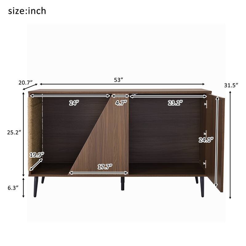2-in-1 Walnut Cat Litter Box Cabinet with Spring-Loaded Door, Cat Scratch Side Table, Modern Pet Furniture for Living Room