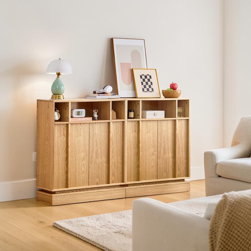 Farmhouse Fluted Sideboard Cabinet with Adjustable Shelves, Buffet Storage Cabinet with Doors