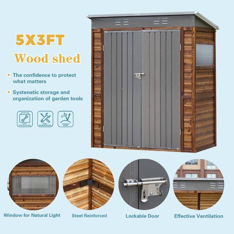 3x5FT Iron-Wood Combination Tool Shed, Stylish Cedarwood with Waterproof Paint, Dark Gray Iron Doors and Roof
