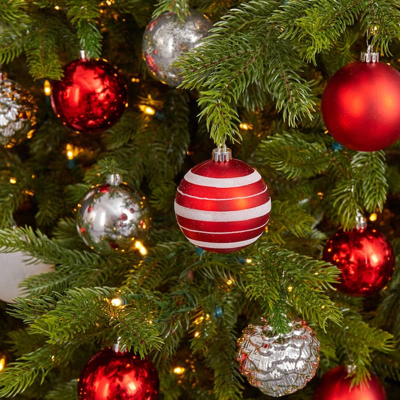Silver Shatterproof 8-Finish Christmas Ball Ornaments - 3" (80mm) - Red and Silver - 64ct