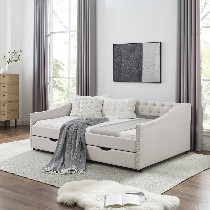 Linen Upholstered Daybed with 2 Drawers, Button-Tufted Backrest & Copper Nail Decoration - Beige - Full