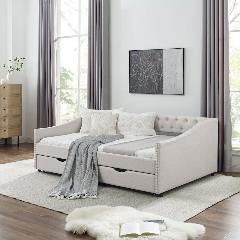 Mid-Century Linen Upholstered Daybed Platform Bed Frame with Storage Drawers, Button Tufted Back and Nailhead Trim Arms