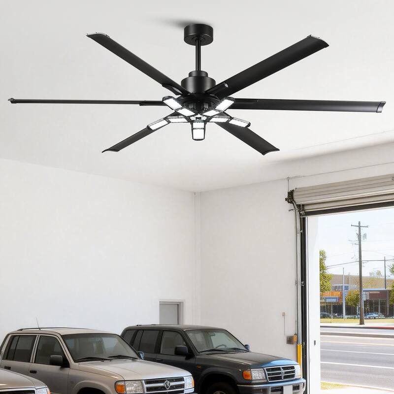 84" Industrial Black Aluminum HVLS Large Ceiling Fan with Foldable Light for Garage
