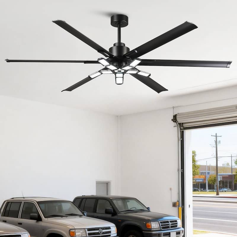 84" Industrial Matte Black Garage Large Ceiling Fan with Foldable LED Light and Remote